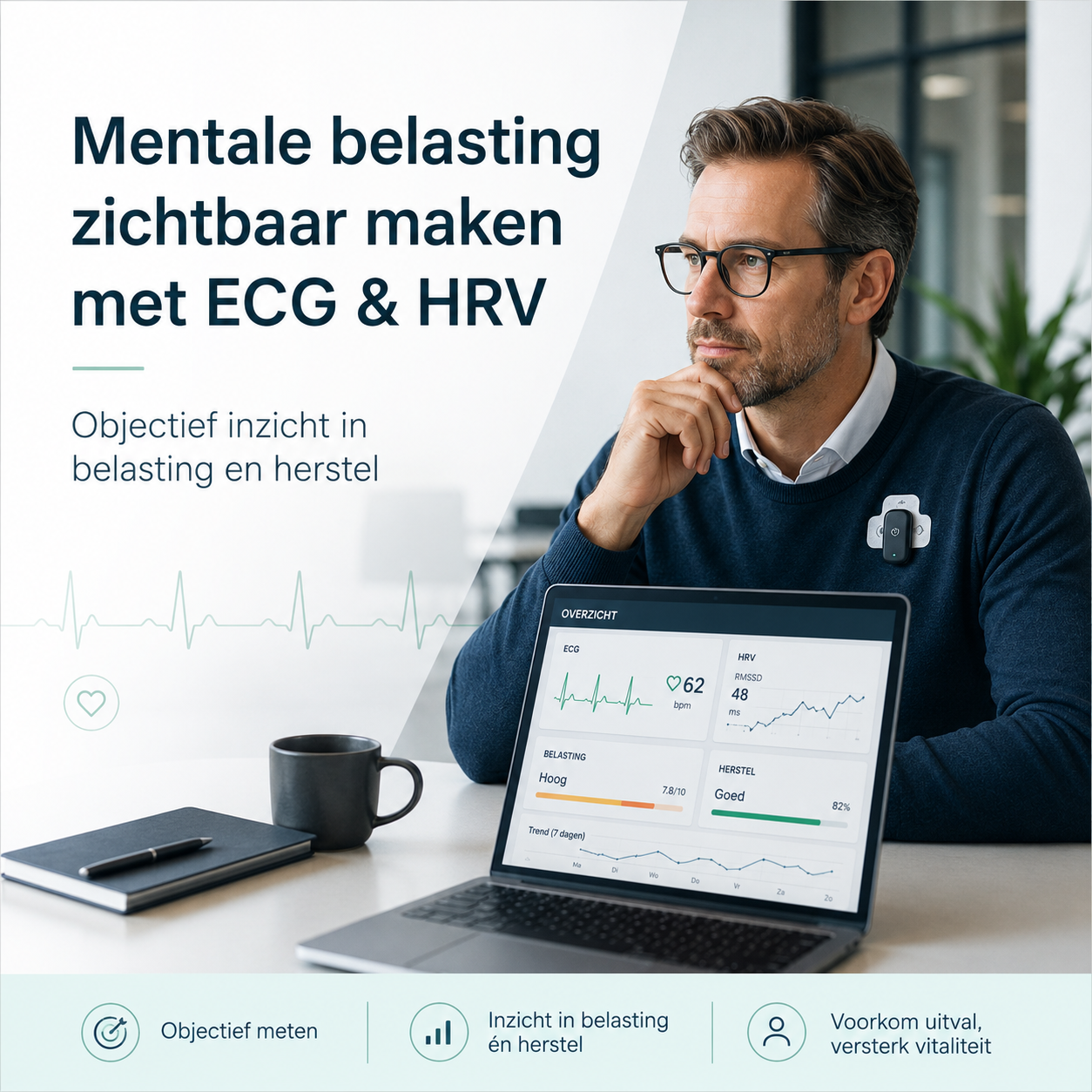 Medewerker met medical-grade ECG-sensor bekijkt een dashboard met HRV- en belastingsgegevens
