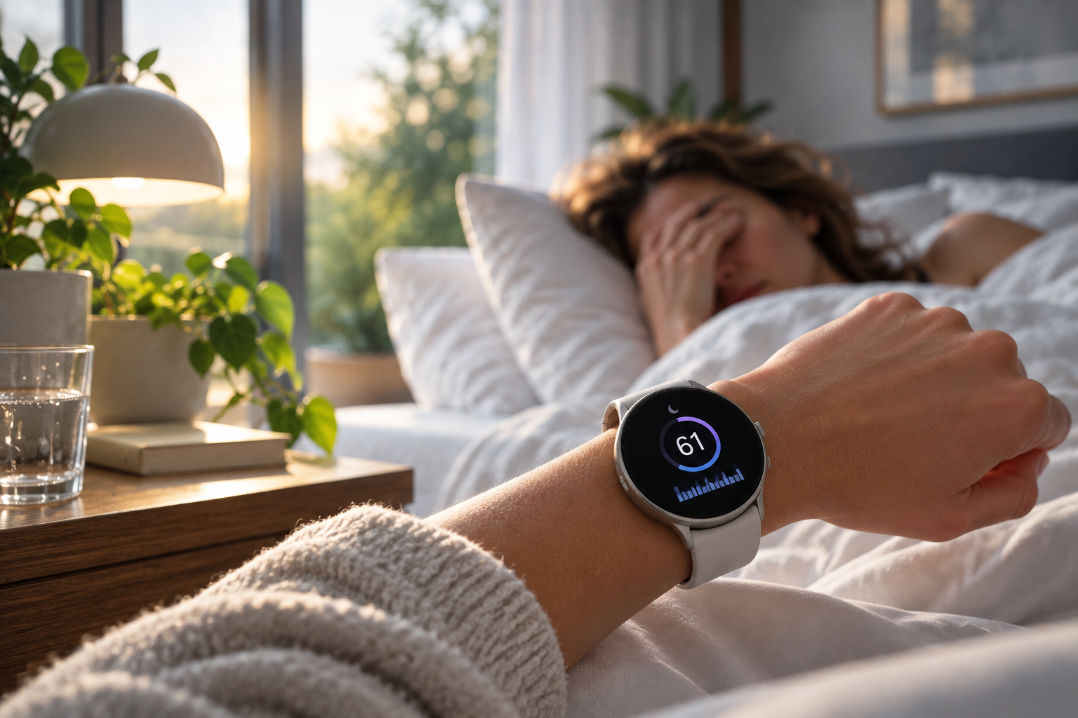 Vrouw wordt wakker in bed en kijkt op haar smartwatch met een slaapscore van 61