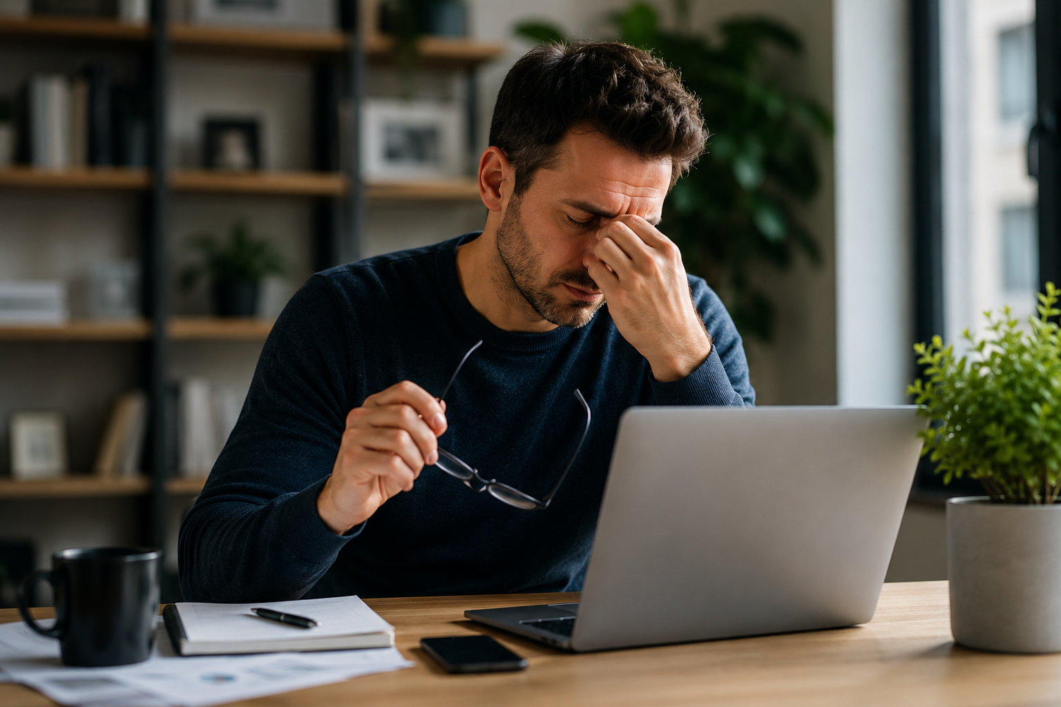 Vermoeide medewerker wrijft in zijn ogen achter een laptop op kantoor