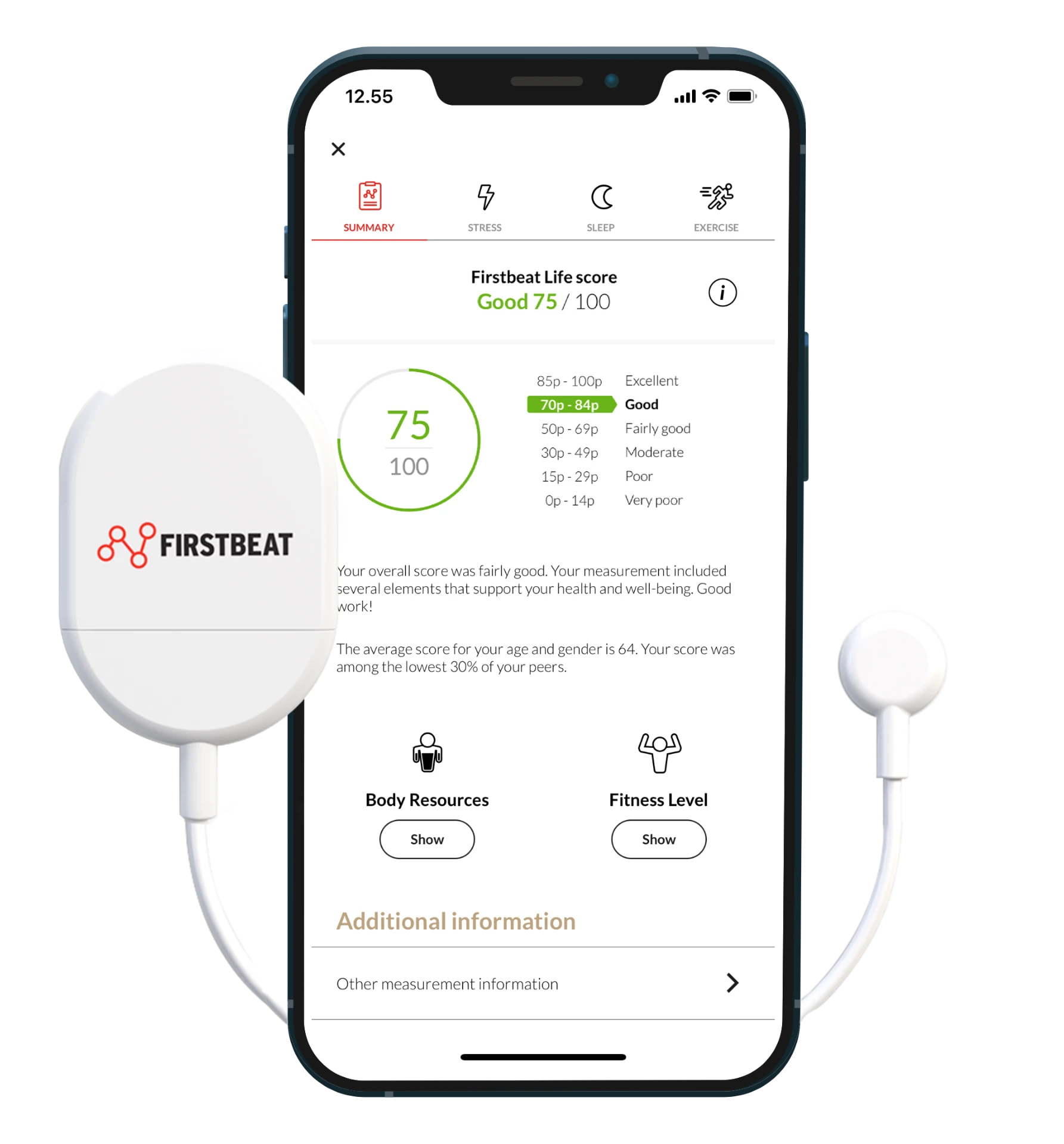Meetapparaat en app met dagelijkse score voor stress, slaap en herstel